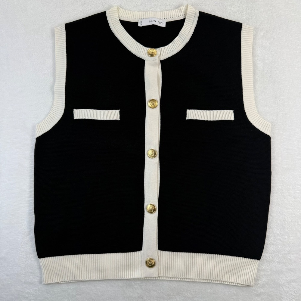 Mango MNG Knit Vest Black White Contrast Trim Gold Buttons Size L 87045763